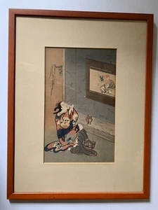 ANTIKER JAPANISCHER HOLZSCHNITT FRAU & KIND 19. JAHRHUNDERT - Bild 1 von 6