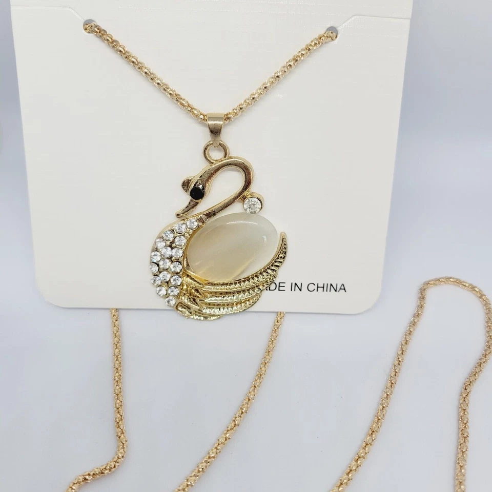 Bijoux by Meera Goldtone Swan Pendant Necklace LG Pearlesque Opal & Clear Stones