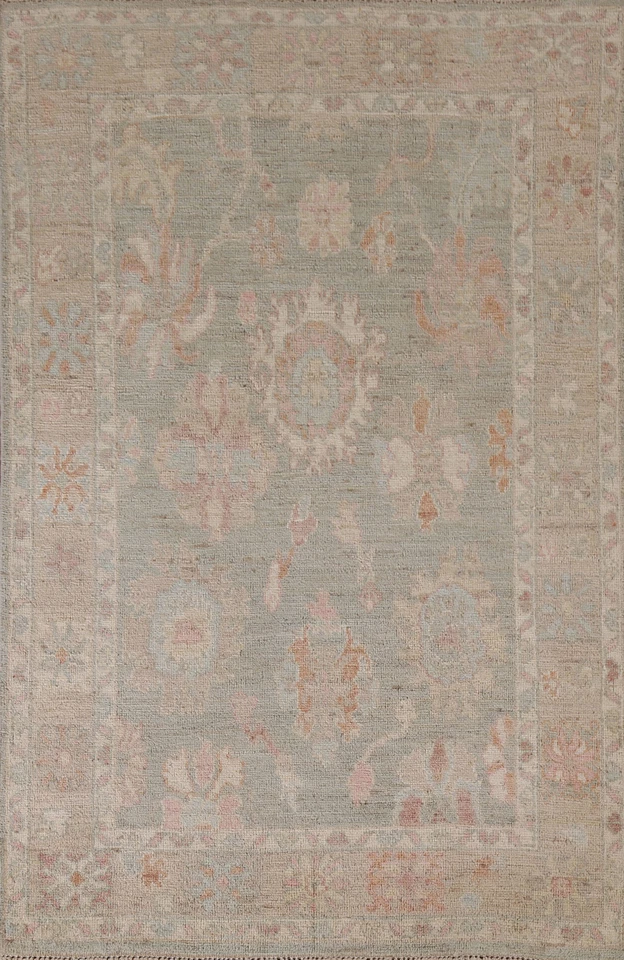 Handmade Muted Green Oushak Turkish Rug 4x6 Ft Transitional Vegetable Dye Rug - Image 1 of 4