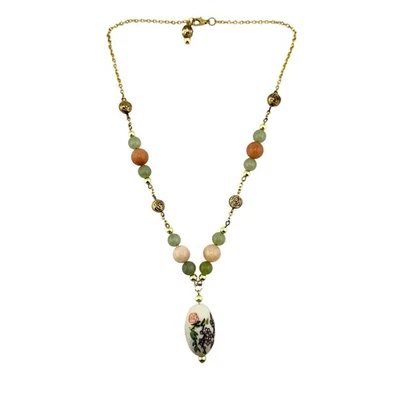 Collar de cuentas recicladas de vidrio pintado vintage jade rosa jadeíta verde hecho a mano Foto 1 de 4