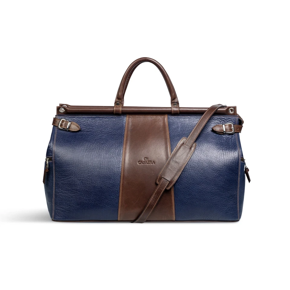 Bolso de Lona de Cuero de Diseñador Cabrera Azul Marrón Viaje de Fin de Semana Llevar Foto 1 de 4