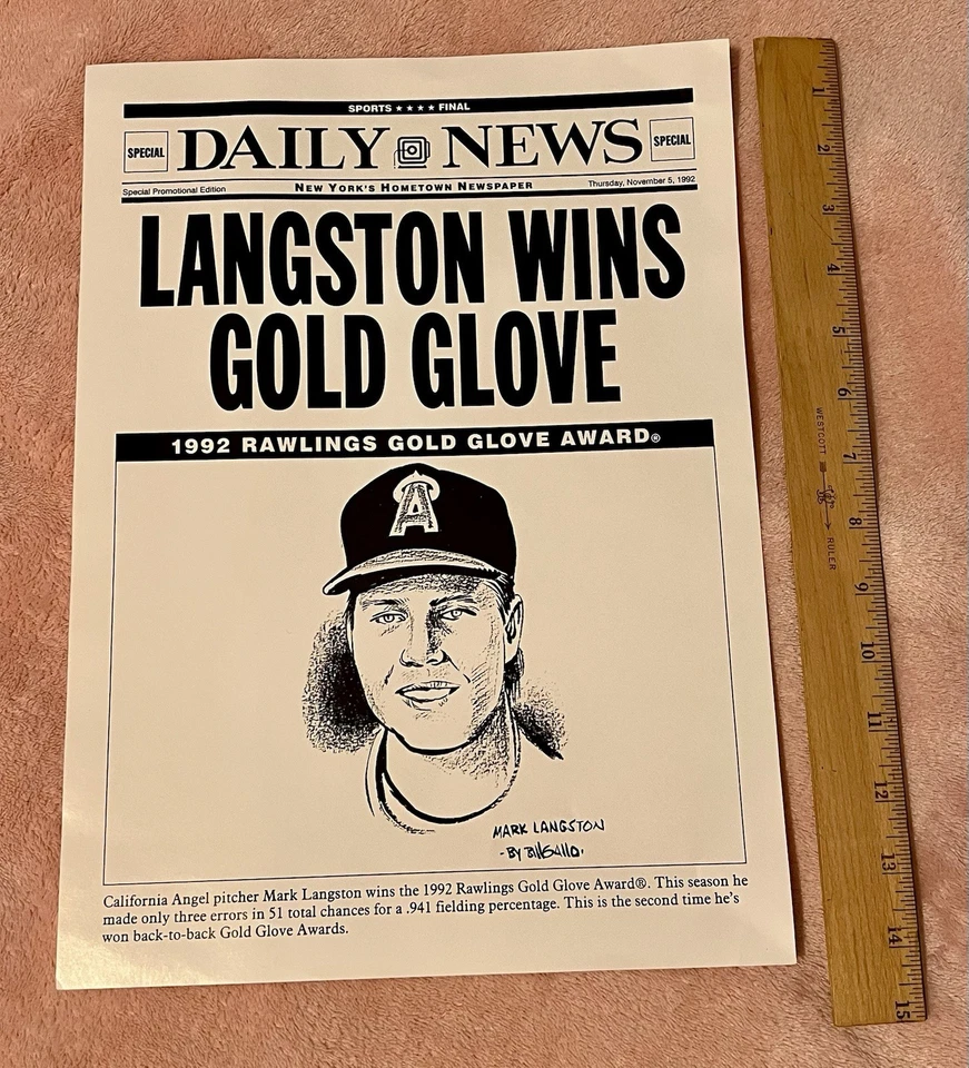 Póster ganador del Guante de Oro Mark Langston California Angels 1992 por Bill Gallo Foto 1 de 1