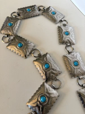 "Cinturón de cadena nativo americano suroeste imitación turquesa 32"" tono plata" Foto 1 de 4
