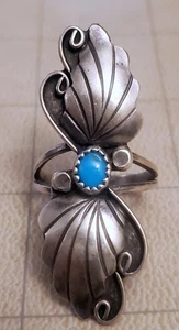 Vintage Sterling 925 Turquoise Ornate Elongated Feather Ring Signed LP - Size 7 - Picture 1 of 3