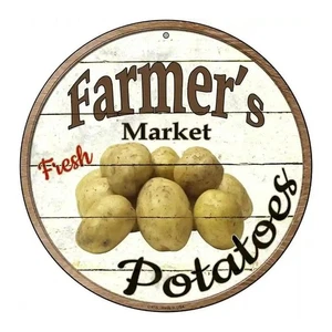 Letrero de metal de novedad redondo Farmer's Market Patatoes 8" x 8" ¡Nuevo! - Imagen 1 de 2