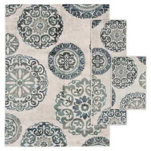 Teal Medallion 3 Piece Indoor Area Rug Set Stain and Fade Resistant Indoor - Picture 1 of 12