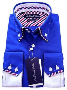 MENS ROYAL BLUE & WHITE DESIGNER DOUBLE COLLAR SHIRT - Picture 1 of 4