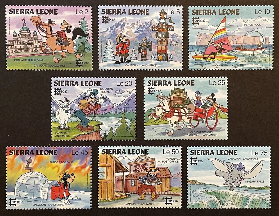 JUEGO DE SELLOS DE DISNEY SIERRA LEONA CABOX '87 8V MNH MONUMENTOS CANADIENSES TÓTEM POLOS Foto 1 de 1