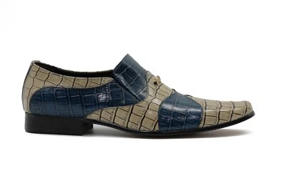 Mocassim Masculino Bege Azul Estampa de Cobra Couro Real Sapato Vestido de Festa de Noiva - Imagem 1 de 4