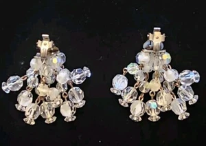 Vtg Crystal Cascading Earrings Clip On Dangle Drop Aurora Borealis Chandelier - Picture 1 of 7