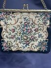 Vintage Floral Petit Point Brass Snap Purse Chain Cream Silk Lining W Germany