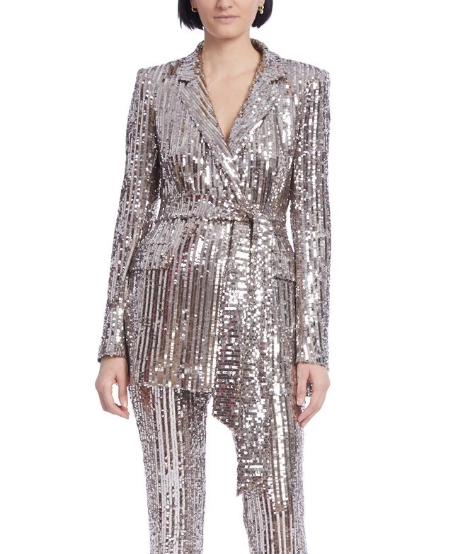 Badgley Mischka Sequin Mono-Stripe Wrap Blazer Sash sz 2 Silver Gold Cocktail — 第 1/3 张图片