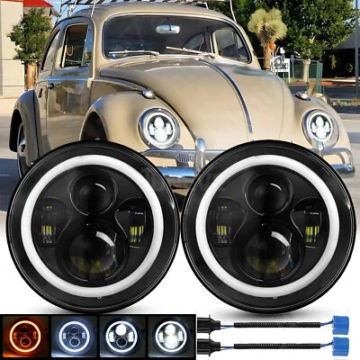 For 1950-1979 VW Beetle Pair 7" Inch Round LED Headlights Halo Angel Eyes Hi/Low — 第 1/4 张图片