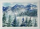 Aceo Original Watercolor Painting Winter Landscape Mountains - 2.5X3.5 In - New