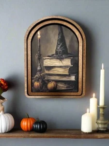 Handcrafted Retro 8" Canvas on Wood Arch Top Halloween Witch Hat w/ Books Framed - Picture 1 of 3