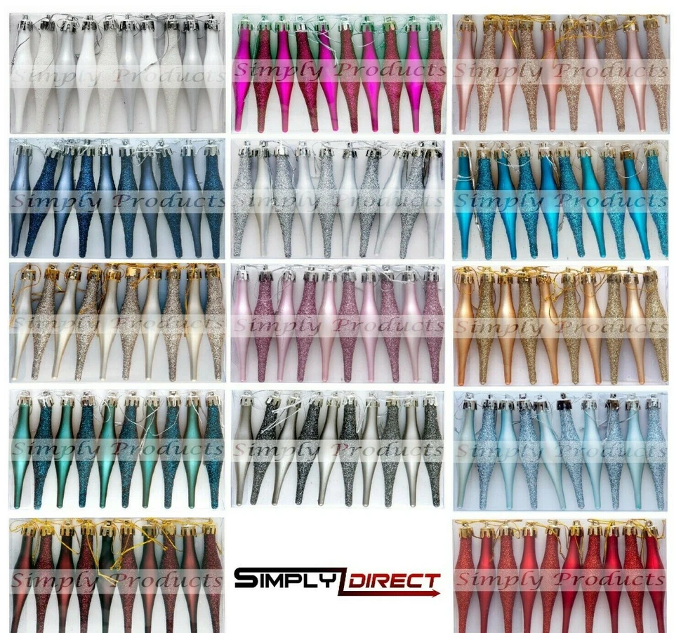 10 Droplet Baubles Christmas Tree Decorations Glitter & Matte Icicle Baubles  - Image 1 of 1