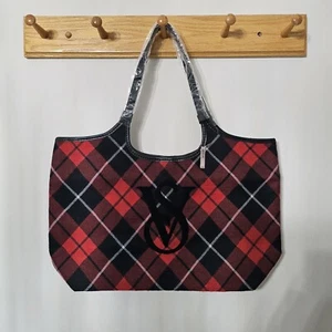 Victorias Secret Plaid Tote Bag Weekender Travel Tote Red Black Sherpa Logo 2023 - Picture 1 of 7