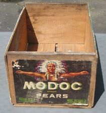 Vintage MODOC Pears Wooden Fruit Crate Box with Native American Label Original