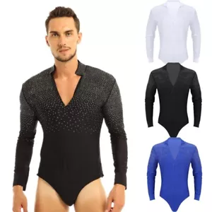 Mens Shiny Long Sleeves Shirt Bodysuit Stand Collar Leotard Jumpsuit Dancewear - Picture 1 of 49