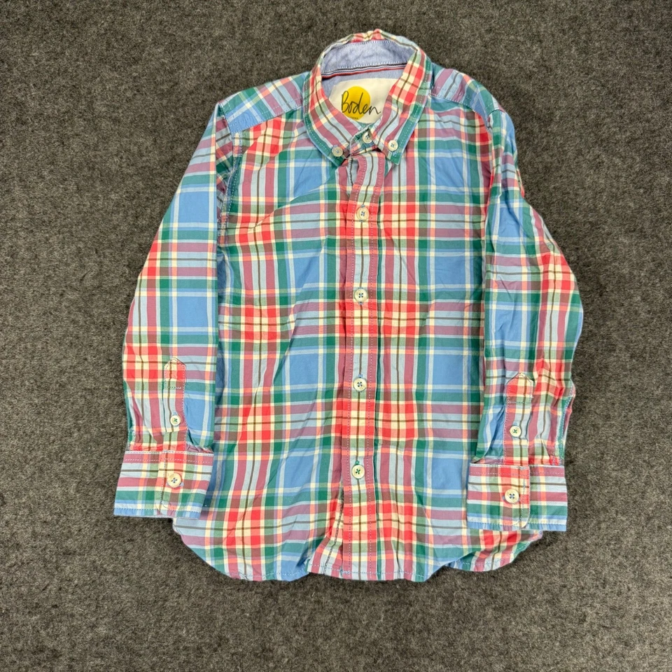 Camisa xadrez Boden infantil xadrez azul verde vermelho algodão 4-5Y - Imagem 1 de 4