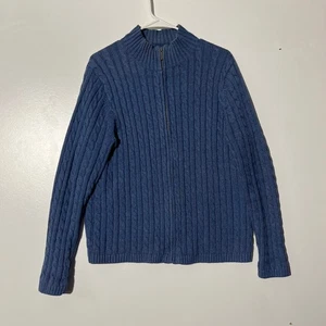 L.L Bean 100% Cotton Full Zip Cable Knit Blue Mock Neck Cardigan Sweater Size XL - Picture 1 of 8