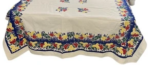 Vintage Print Tablecloth Red Yellow Spring Flowers Cottage Floral Cotton 50”x63 - Picture 1 of 10