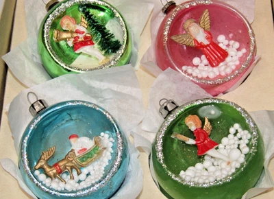 Lot VTG Glass Diorama BALL ANGEL REINDEER SANTA SLED Christmas Ornaments Japan - Image 1 of 4