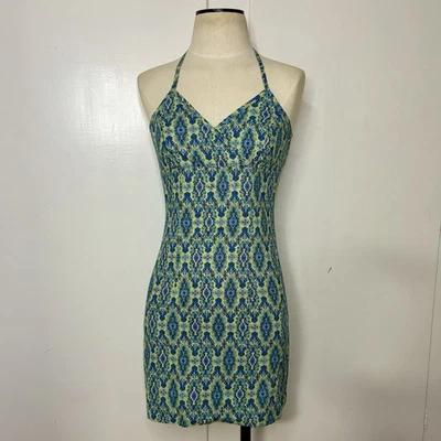 Vintage 90s/Y2K Byer Blue Green Boho Printed Halter Mini Dress - Image 1 of 4