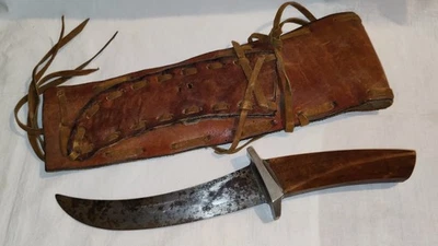 CUCHILLO DE CAZA CON MANGO DE MADERA DE TECA ESCULPIDO HECHO A MANO 12" AÑOS 50/60 CON FUNDA - ¡BONITO! Foto 1 de 4