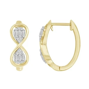 Ladies Hoop Earrings 0.25ct Round Baguette Diamond 10k Yellow Gold - Picture 1 of 1