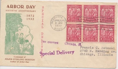 #717 Arbor Day Linprint cachet First Day cover BL of 6 Special Delivery RPO Fee - Image 1 of 2