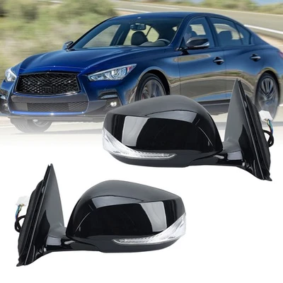 Side Mirror For Infiniti Q50 2014-2019 2020 2021 Left & Right Signal Gloss Black - Image 1 of 4