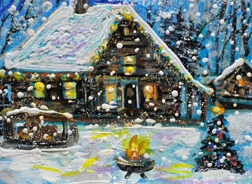 ACEO Original PINTURA Invierno CASA DE NAVIDAD Cabaña Árboles Fuego Vacaciones Paisaje ARTE Foto 1 de 1
