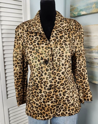Peck & Peck 100% Linen Leopard Gold Sheen Jacket Smocked Back Peplum Hem 16P /XL - Image 1 of 4