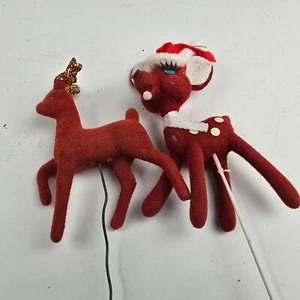 Lot of 2 Flocked Red Reindeer Vintage MCM Christmas Decorations Glitter 60s 70s - Picture 1 of 8