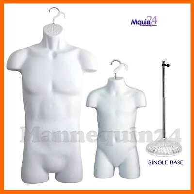 MALE &  CHILD TORSO DRESS FORMS SET + 1 STAND + 2 HANGERS - WHITE MANNEQUINS - Image 1 of 4