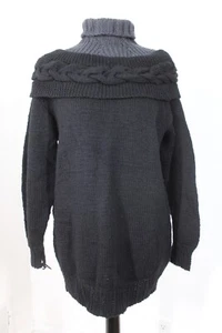 Vtg Artwork L/XL? Black Gray Wool Rib Cable Chunky Hand Knit Turtleneck Sweater - Picture 1 of 10