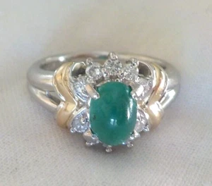 Solid Platinum 18K Cabochon Emerald Diamond Ring - 7.43 gms, Sz 5.75, 1.23 ctw - Picture 1 of 12