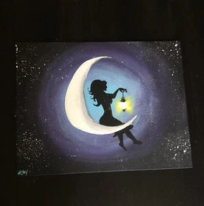 Original Leinwandbild Mädchen auf dem Mond Fantasy signiert Acryl Himmelslicht - Bild 1 von 4