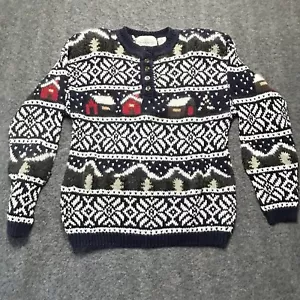 Vintage B Moss Holiday Sweater Damen Medium Pullover Baumwolle/Ramie schwarz Haus Schnee - Bild 1 von 10