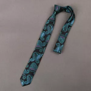 Dan Smith DAE7B16B Black Skinny Tie For Men Dark Turquoise Paisley Slim Ties - Picture 1 of 3