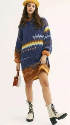 Nuevo $398 Free People SHIMMERING CLIFFS XS Azul Alpaca Suéter Túnica Top/Vestido Foto 1 de 4