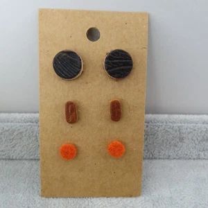 Leather & Wool Stud Earrings Set of 3 Orange Black Brown Embossed Upcycled Gift - Picture 1 of 9