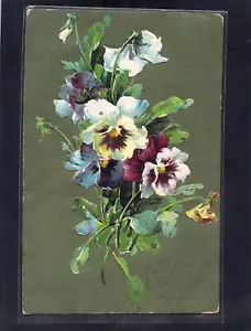 E7502 Flowers Pansy Xmas Glitter BB vintage postcard - Picture 1 of 2