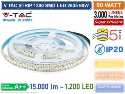 V-TAC STRIP STRISCIA LED MONOCOLORE 5 METRI SMD 2835 240 LED MT IP20 90W 15000LM - Immagine 1 di 4