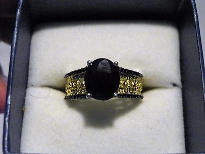 Anillo Zafiro Negro y Espinela (4.10ct) en 14K YG y Plat/925 talla 9 Foto 1 de 4
