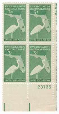 1947 Plate Block of 4 Everglades National Park 3c USA Stamp Mint NH Scott #952 - Image 1 of 4