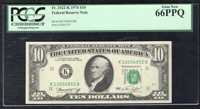 FR. 2022-K 1974 $10 FRN FEDERAL RESERVE NOTE DALLAS, TX PCGS GEM UNC-66PPQ - Image 1 of 2