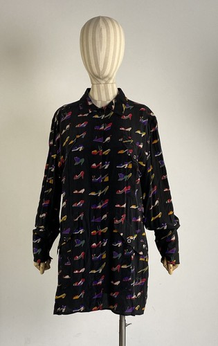 Abito vintage FENDI in seta nero anni 80 con stampa scarpe blusa bottoni taglia 46
