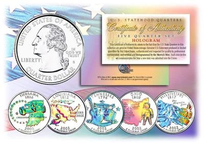 2002 HOLOGRAM U.S. MINT STATE QUARTERS * Complete Set of 5 Coins * with Capsules - Image 1 of 2